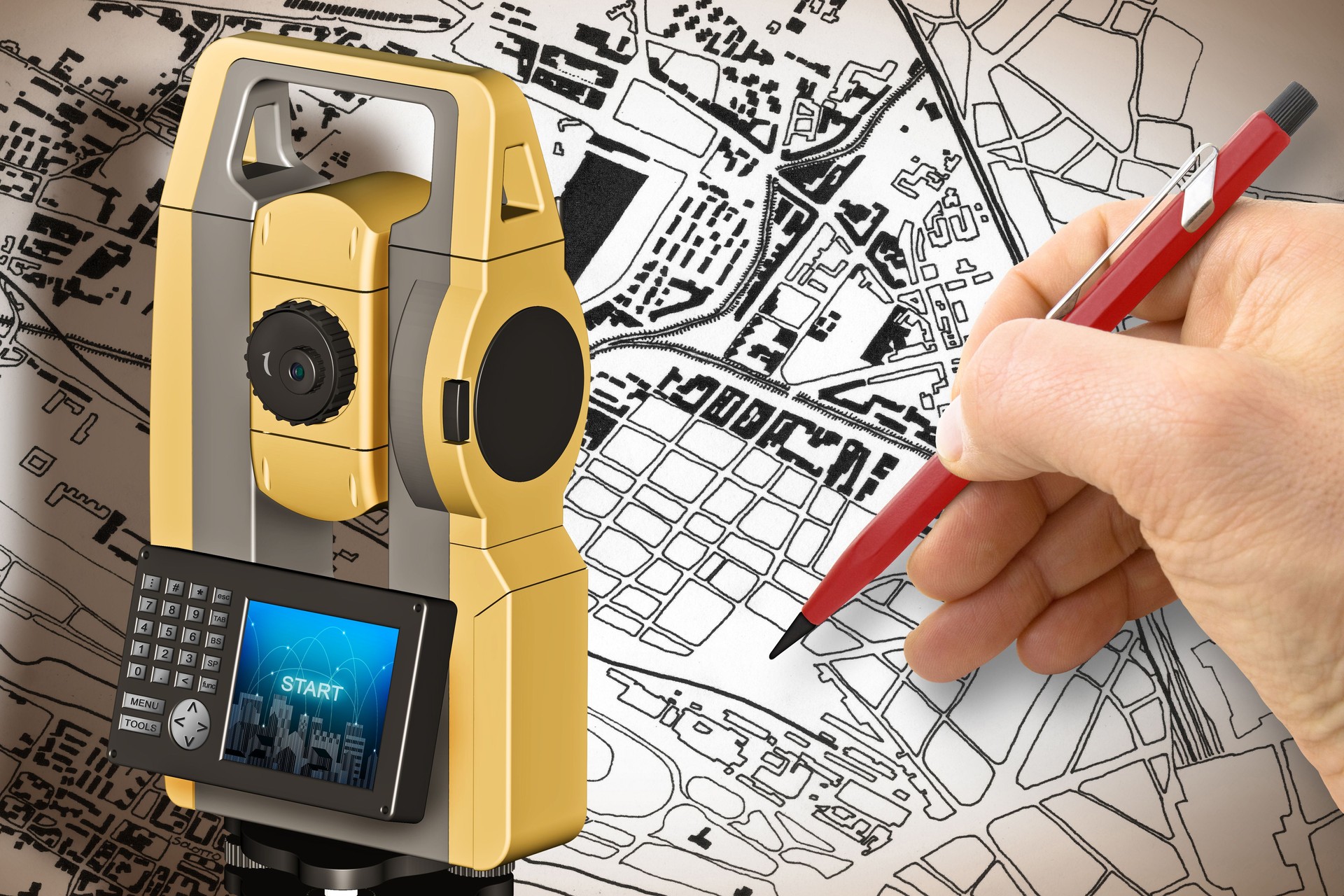 Planning a new city - concept image with an imaginary cadastral map of territory with buildings, land parcel and 3D rendering of a geodesic device, called Total Station, used to survey and draw topographic maps